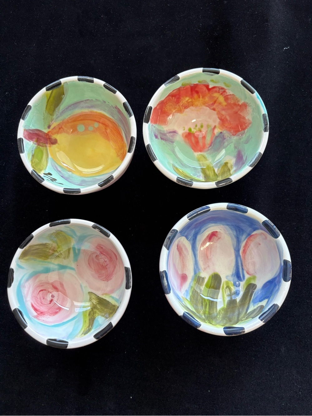 4 Hand Painted Dipping Bowls “Flowers & Lemon”x2”Original Design Ceramic Pottery